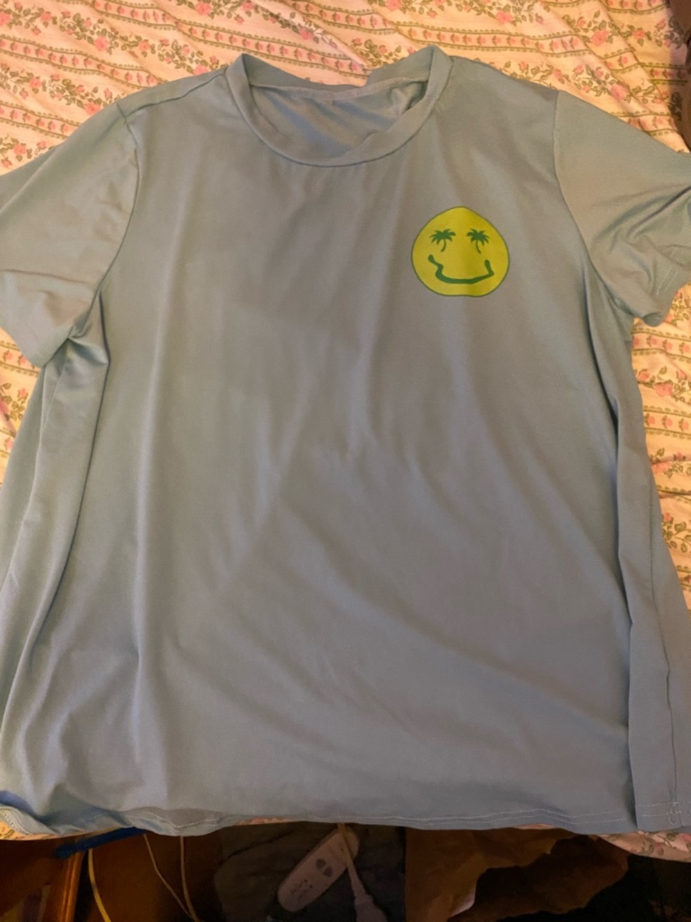 SHEIN Light Blue Short Sleeve Tee with Lime Palm Smile Graphic